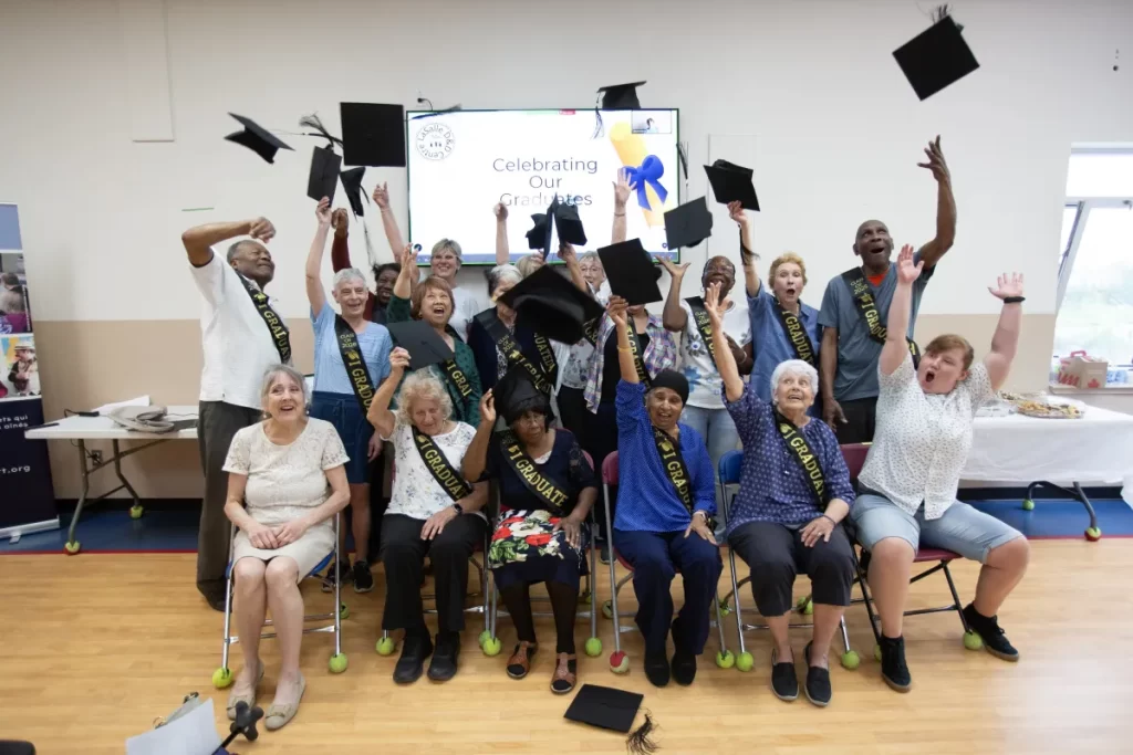 The first cohort of students celebrate. Seated with them, far left: Diane Doonan, vice-president of the LaSalle D&D 50+ Centre; far right, Alex Pitcher, activity program co-ordinator and one of the facilitators of the Fast Track French program. Tim Snow / Montreal Gazette